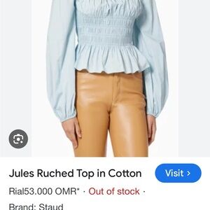 STAUD Blue Ruched Long Sleeve Peplum Blouse
